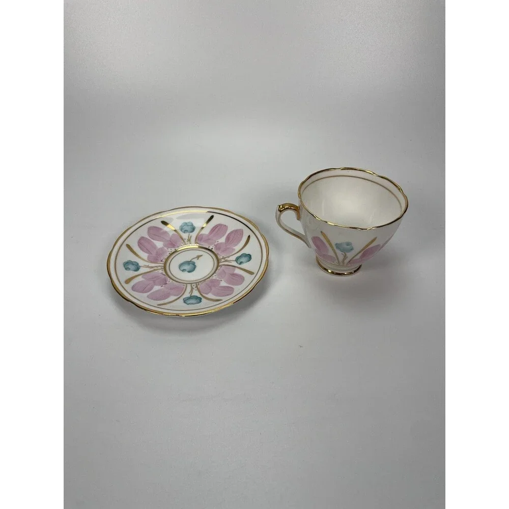 T.F & S LTD Phoenix Bone China England White Pink Flower Gold Tea Cup Saucer Set